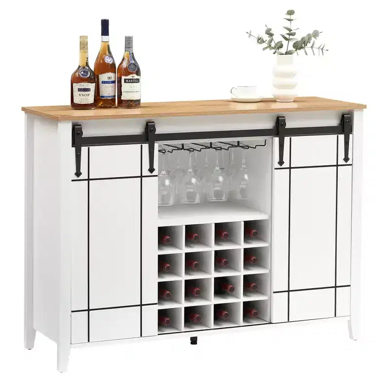 Meuble à vin avec rangement, avec porte coulissante de style grange, buffet avec casier à vin pour 16 bouteilles pour salle à manger, meuble de bar à café pour salle à manger