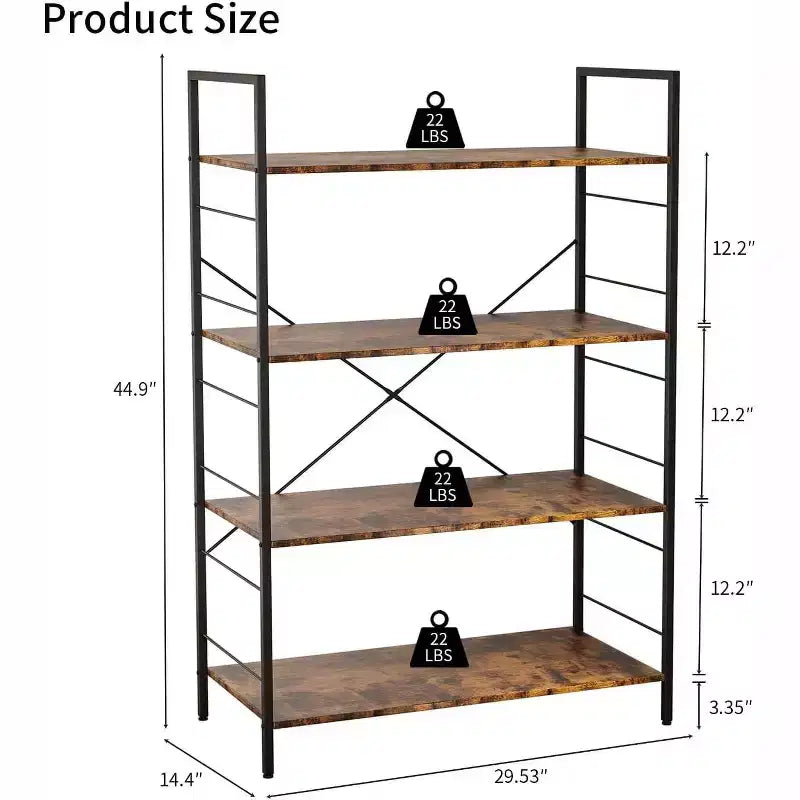Étagère bibliothèque industrielle à 4 niveaux, étagère de rangement marron avec cadre en acier, barres en X, pour salon, chambre, bureau, 76 x 35,5 x 114 cm