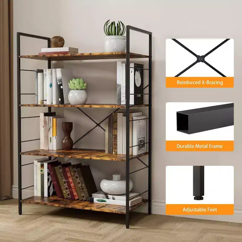 Étagère bibliothèque industrielle à 4 niveaux, étagère de rangement marron avec cadre en acier, barres en X, pour salon, chambre, bureau, 76 x 35,5 x 114 cm