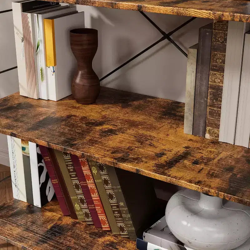 Étagère bibliothèque industrielle à 4 niveaux, étagère de rangement marron avec cadre en acier, barres en X, pour salon, chambre, bureau, 76 x 35,5 x 114 cm