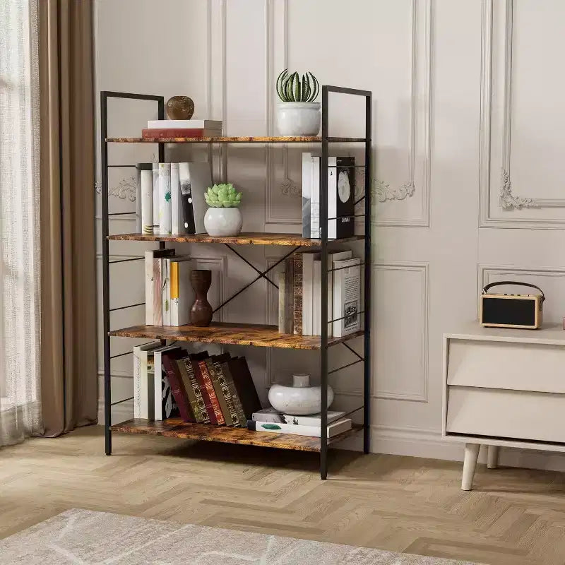 Étagère bibliothèque industrielle à 4 niveaux, étagère de rangement marron avec cadre en acier, barres en X, pour salon, chambre, bureau, 76 x 35,5 x 114 cm