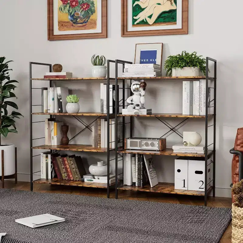 Étagère bibliothèque industrielle à 4 niveaux, étagère de rangement marron avec cadre en acier, barres en X, pour salon, chambre, bureau, 76 x 35,5 x 114 cm