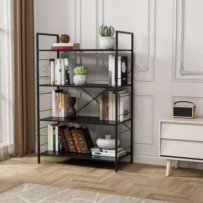 Étagère bibliothèque industrielle à 4 niveaux, étagère de rangement marron avec cadre en acier, barres en X, pour salon, chambre, bureau, 76 x 35,5 x 114 cm