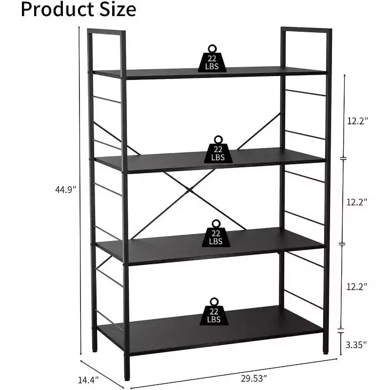 Étagère bibliothèque industrielle à 4 niveaux, étagère de rangement marron avec cadre en acier, barres en X, pour salon, chambre, bureau, 76 x 35,5 x 114 cm