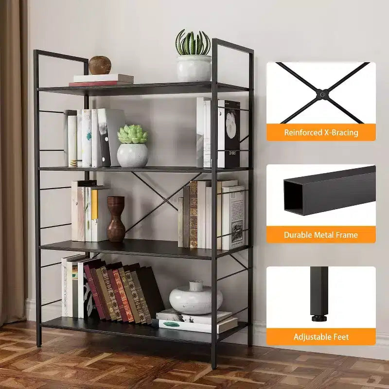 Étagère bibliothèque industrielle à 4 niveaux, étagère de rangement marron avec cadre en acier, barres en X, pour salon, chambre, bureau, 76 x 35,5 x 114 cm