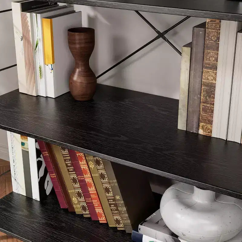 Étagère bibliothèque industrielle à 4 niveaux, étagère de rangement marron avec cadre en acier, barres en X, pour salon, chambre, bureau, 76 x 35,5 x 114 cm