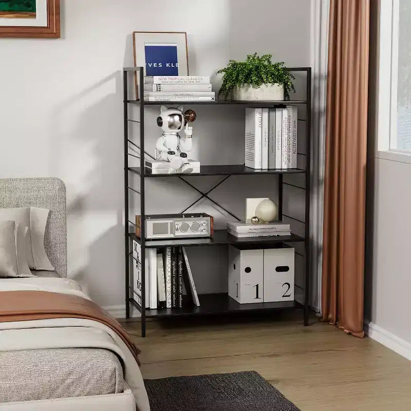 Étagère bibliothèque industrielle à 4 niveaux, étagère de rangement marron avec cadre en acier, barres en X, pour salon, chambre, bureau, 76 x 35,5 x 114 cm