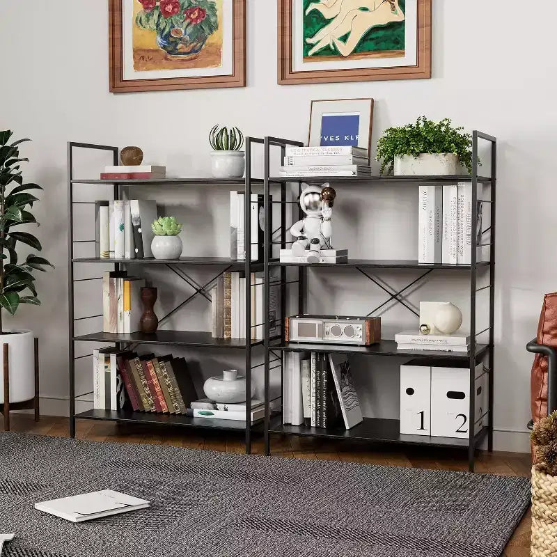 Étagère bibliothèque industrielle à 4 niveaux, étagère de rangement marron avec cadre en acier, barres en X, pour salon, chambre, bureau, 76 x 35,5 x 114 cm