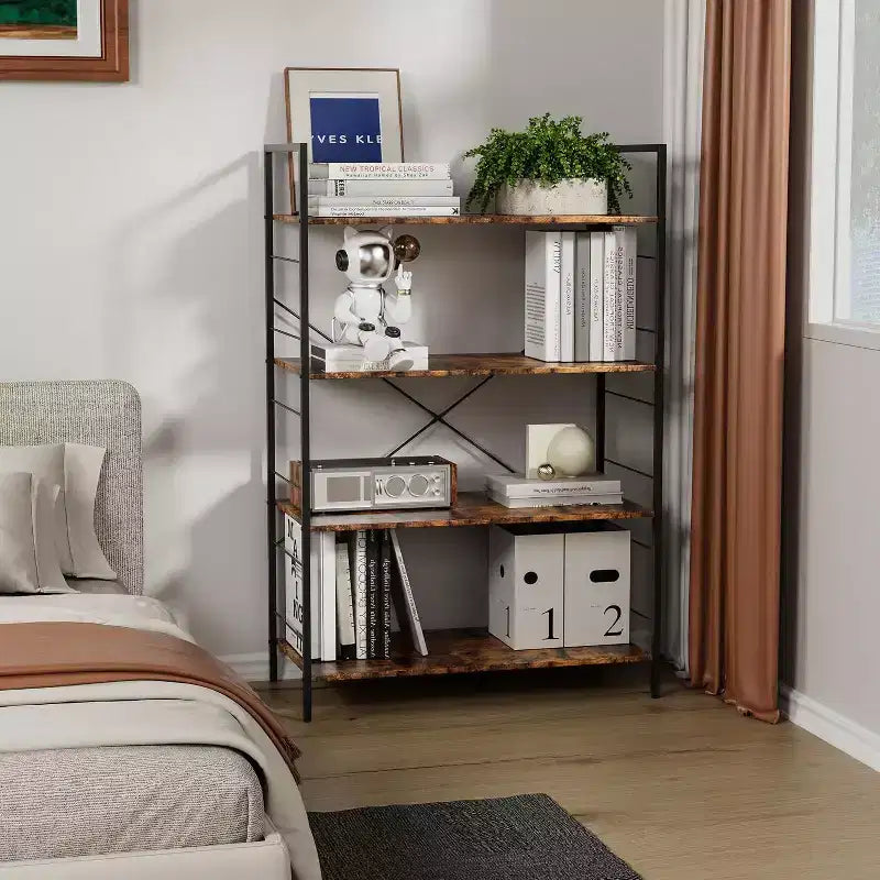 Étagère bibliothèque industrielle à 4 niveaux, étagère de rangement marron avec cadre en acier, barres en X, pour salon, chambre, bureau, 76 x 35,5 x 114 cm