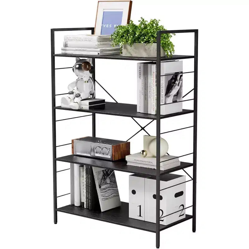 Acekool 4 Tier Industrial Bookshelf, Brown Storage Shelf with Steel Frame, X Bars, for Living Room Bedroom Office, 30 x 14 x 45 Inch