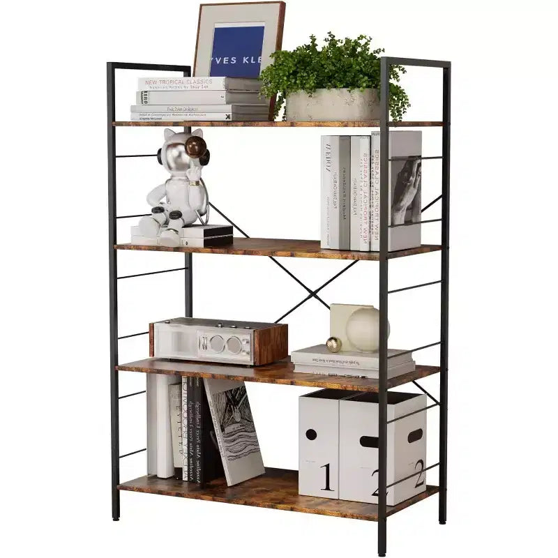 Étagère bibliothèque industrielle à 4 niveaux, étagère de rangement marron avec cadre en acier, barres en X, pour salon, chambre, bureau, 76 x 35,5 x 114 cm