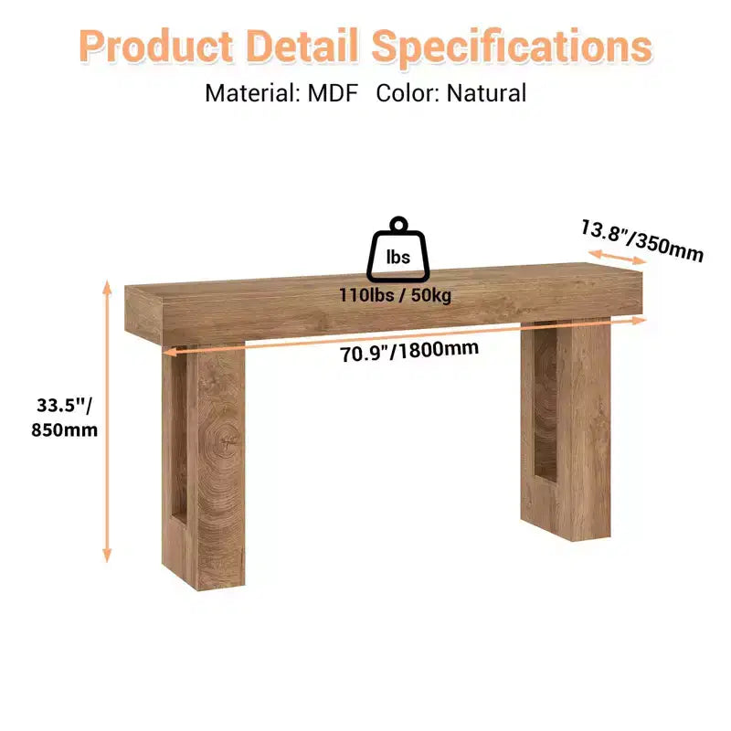 Table d'entrée étroite, table de canapé en bois de 160 cm de long derrière le canapé, console d'entrée de style ferme, parfaite pour le salon, le couloir, la chambre, bois naturel