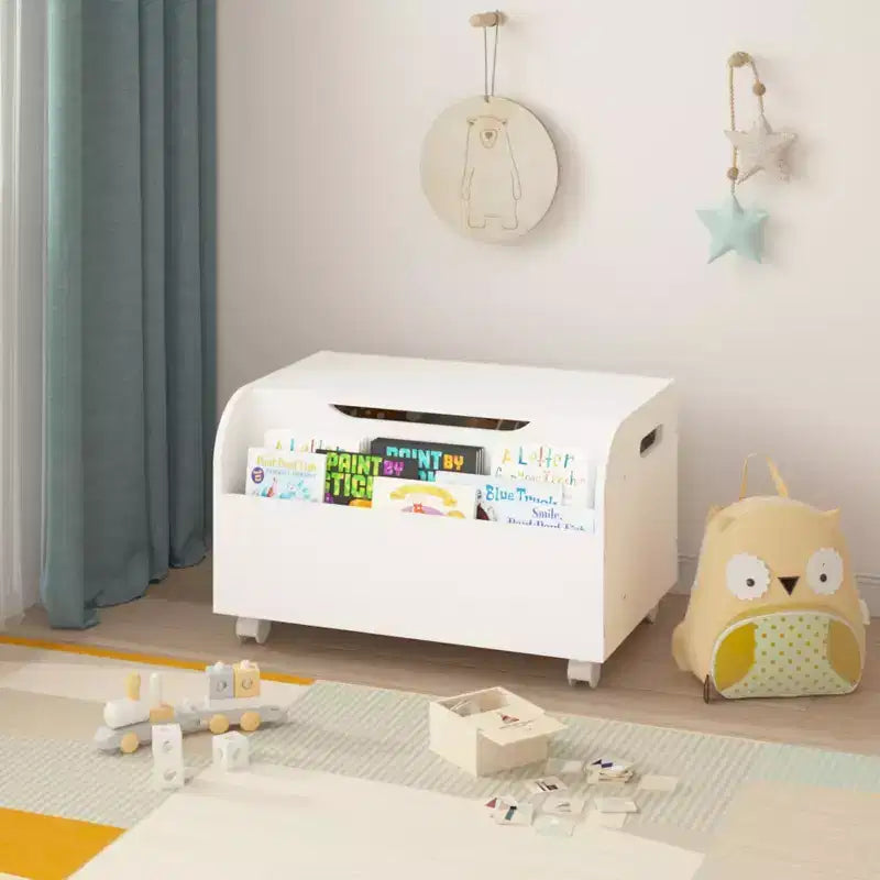 Wooden Toy Box with 4 Universal Wheels, Kids Toy Storage Organizer with Front Bookshelf, Flip-Top Lid, Safety Hinge, Boys Girls