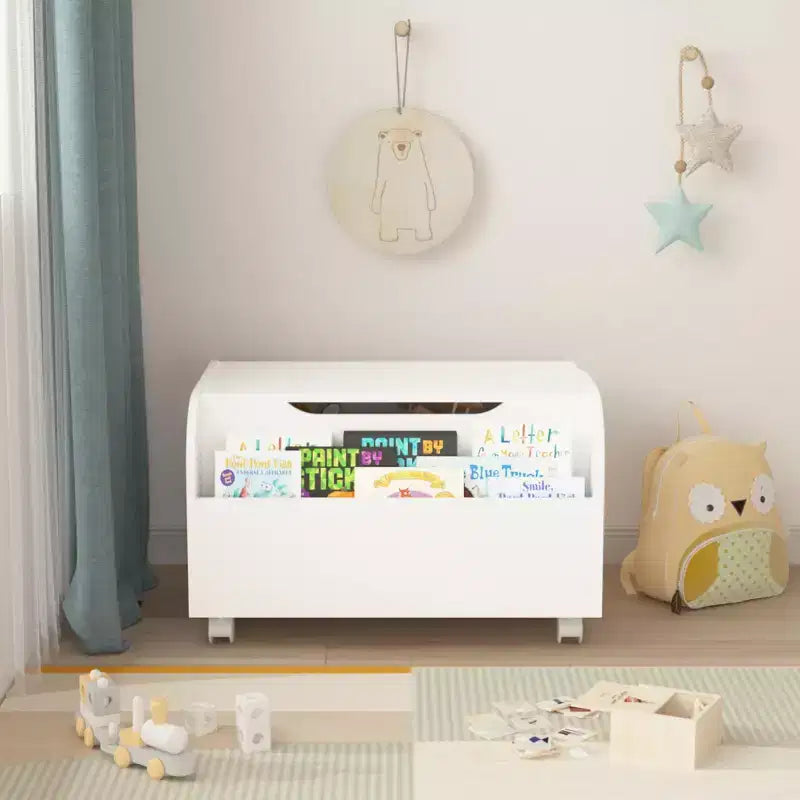 Boîte à jouets en bois avec 4 roulettes universelles, organiseur de rangement pour jouets pour enfants avec étagère avant, couvercle rabattable, charnière de sécurité, pour garçons et filles