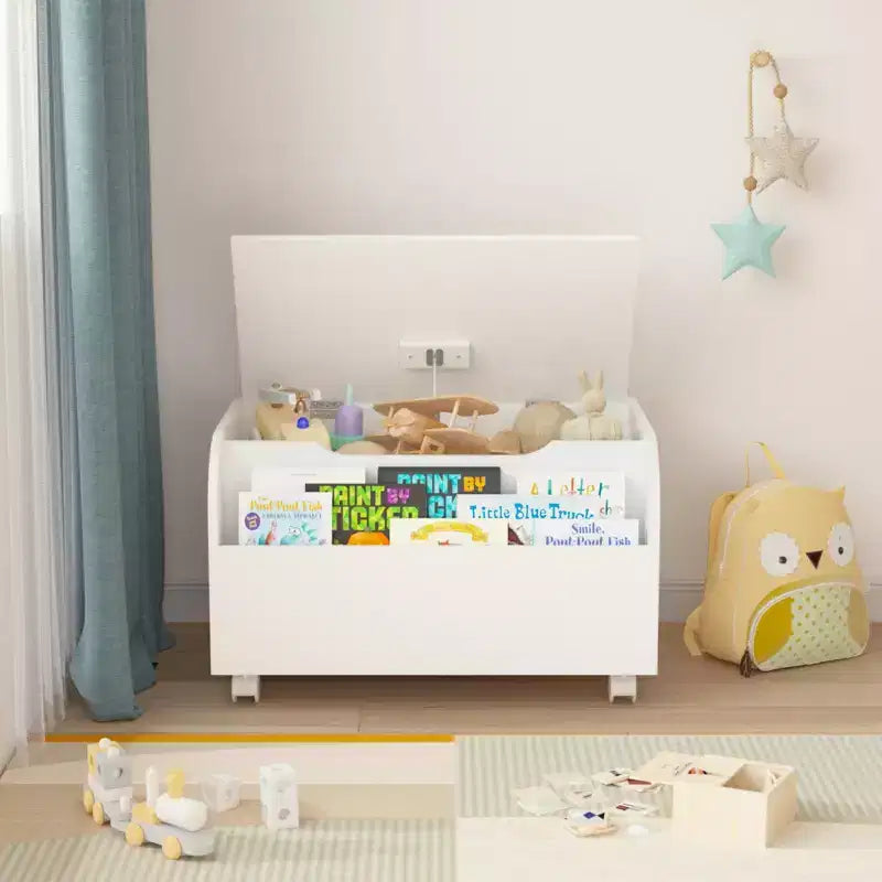 Boîte à jouets en bois avec 4 roulettes universelles, organiseur de rangement pour jouets pour enfants avec étagère avant, couvercle rabattable, charnière de sécurité, pour garçons et filles