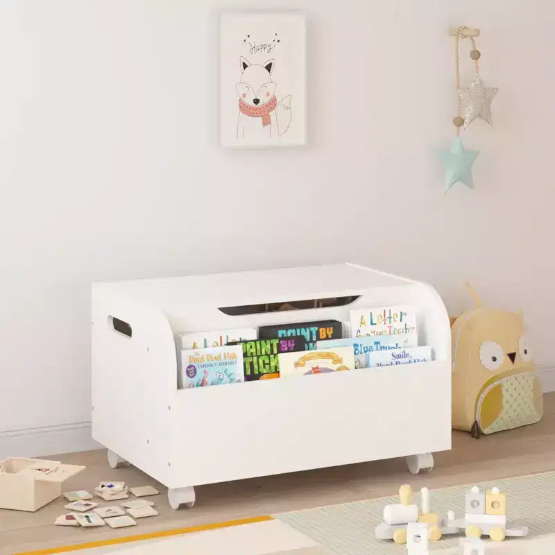 Boîte à jouets en bois avec 4 roulettes universelles, organiseur de rangement pour jouets pour enfants avec étagère avant, couvercle rabattable, charnière de sécurité, pour garçons et filles