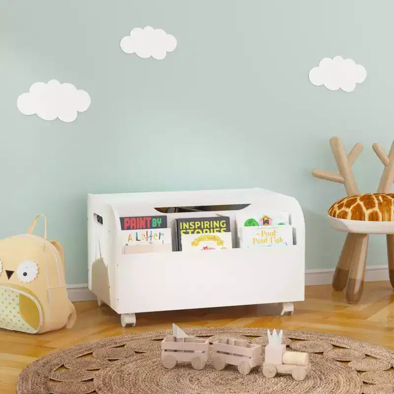 Boîte à jouets en bois avec 4 roulettes universelles, organiseur de rangement pour jouets pour enfants avec étagère avant, couvercle rabattable, charnière de sécurité, pour garçons et filles