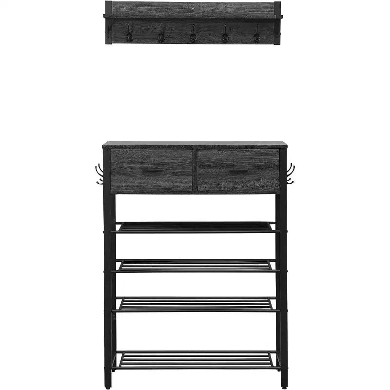Shoe Rack, 4 Tier Shoe Storage Organizer With 2 Drawers, Metal Shoe Shelf Shoe Stand Shoes Storage Rack Hallway Shoe Rack With Storage And Hooks