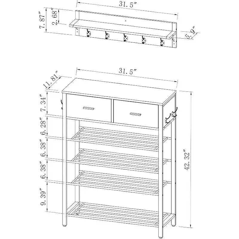 Étagère à chaussures, Organisateur de rangement pour chaussures à 4 niveaux avec 2 tiroirs, Étagère à chaussures en métal, Meuble à chaussures de couloir avec rangement et crochets