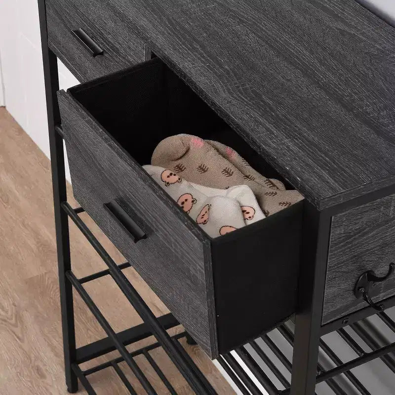 Étagère à chaussures, Organisateur de rangement pour chaussures à 4 niveaux avec 2 tiroirs, Étagère à chaussures en métal, Meuble à chaussures de couloir avec rangement et crochets