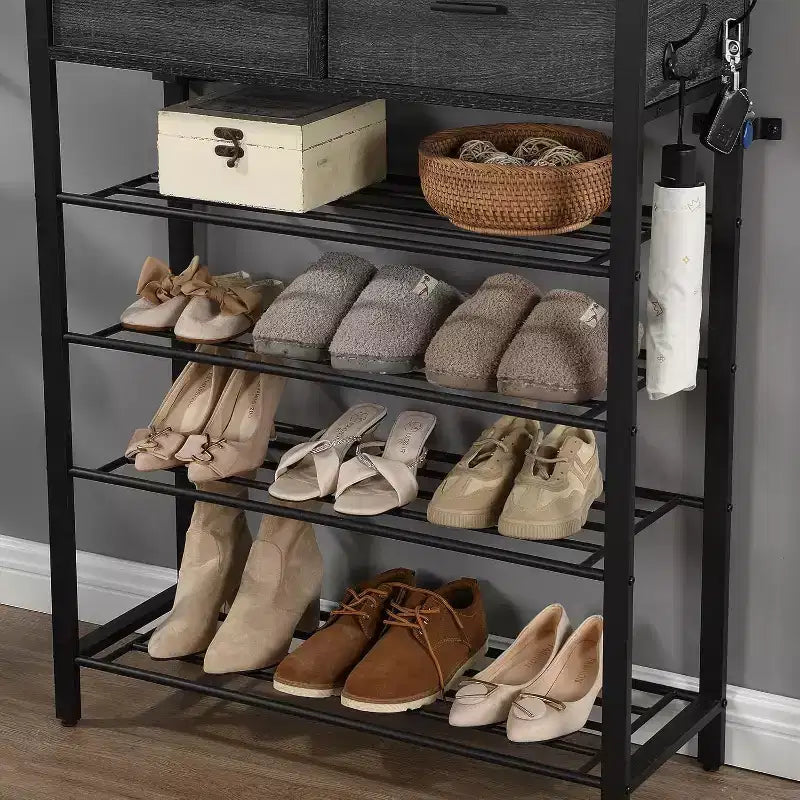 Étagère à chaussures, Organisateur de rangement pour chaussures à 4 niveaux avec 2 tiroirs, Étagère à chaussures en métal, Meuble à chaussures de couloir avec rangement et crochets