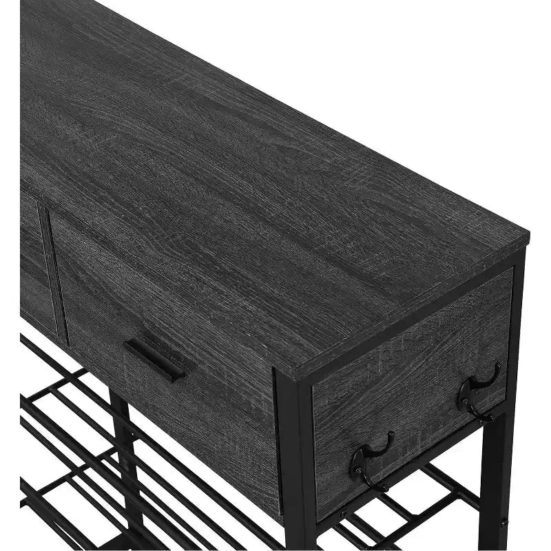 Étagère à chaussures, Organisateur de rangement pour chaussures à 4 niveaux avec 2 tiroirs, Étagère à chaussures en métal, Meuble à chaussures de couloir avec rangement et crochets