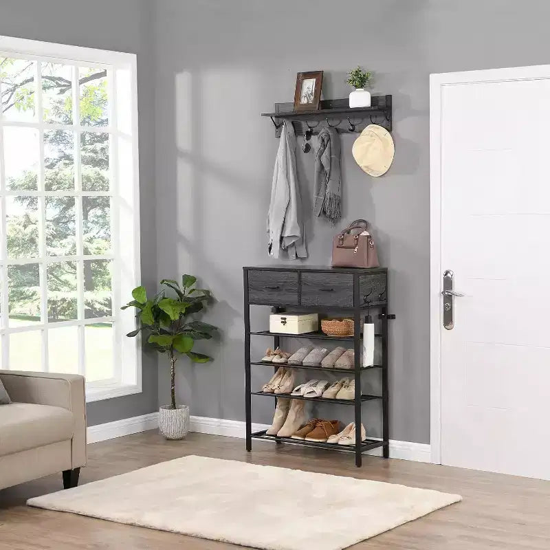 Étagère à chaussures, Organisateur de rangement pour chaussures à 4 niveaux avec 2 tiroirs, Étagère à chaussures en métal, Meuble à chaussures de couloir avec rangement et crochets
