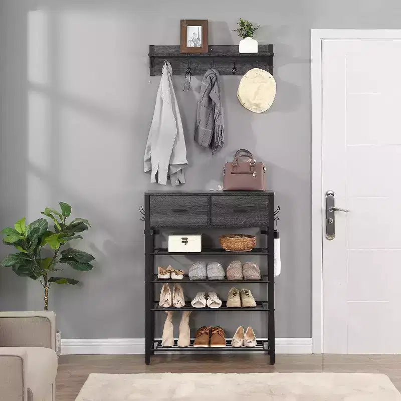 Étagère à chaussures, Organisateur de rangement pour chaussures à 4 niveaux avec 2 tiroirs, Étagère à chaussures en métal, Meuble à chaussures de couloir avec rangement et crochets