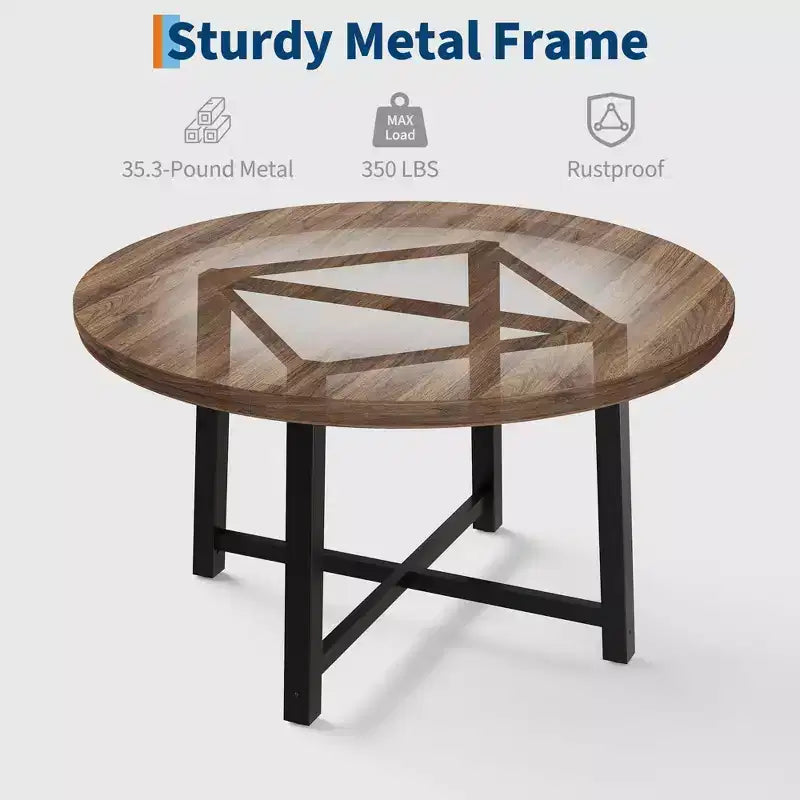 Table de salle à manger ronde de 120 cm, table de dîner industrielle pour 4 à 6 personnes, table de cuisine en bois avec cadre métallique robuste (sans chaises)