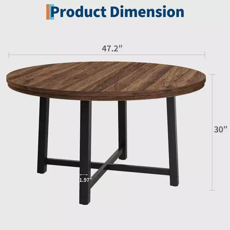 Table de salle à manger ronde de 120 cm, table de dîner industrielle pour 4 à 6 personnes, table de cuisine en bois avec cadre métallique robuste (sans chaises)