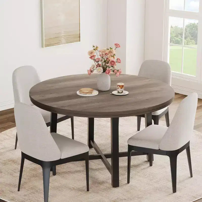 Table de salle à manger ronde de 120 cm, table de dîner industrielle pour 4 à 6 personnes, table de cuisine en bois avec cadre métallique robuste (sans chaises)