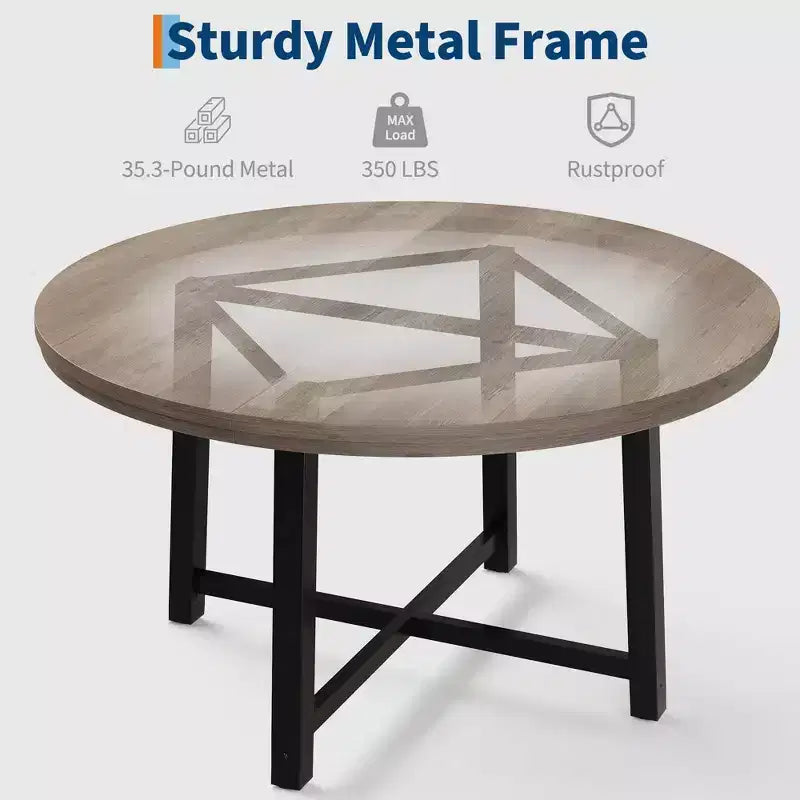 Table de salle à manger ronde de 120 cm, table de dîner industrielle pour 4 à 6 personnes, table de cuisine en bois avec cadre métallique robuste (sans chaises)