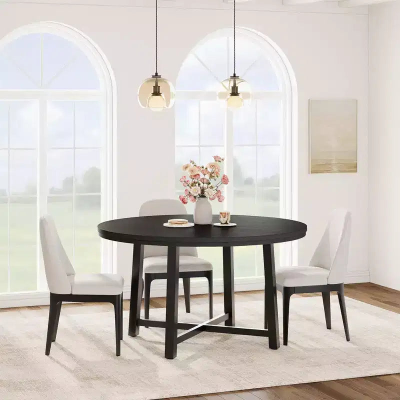 Table de salle à manger ronde de 120 cm, table de dîner industrielle pour 4 à 6 personnes, table de cuisine en bois avec cadre métallique robuste (sans chaises)