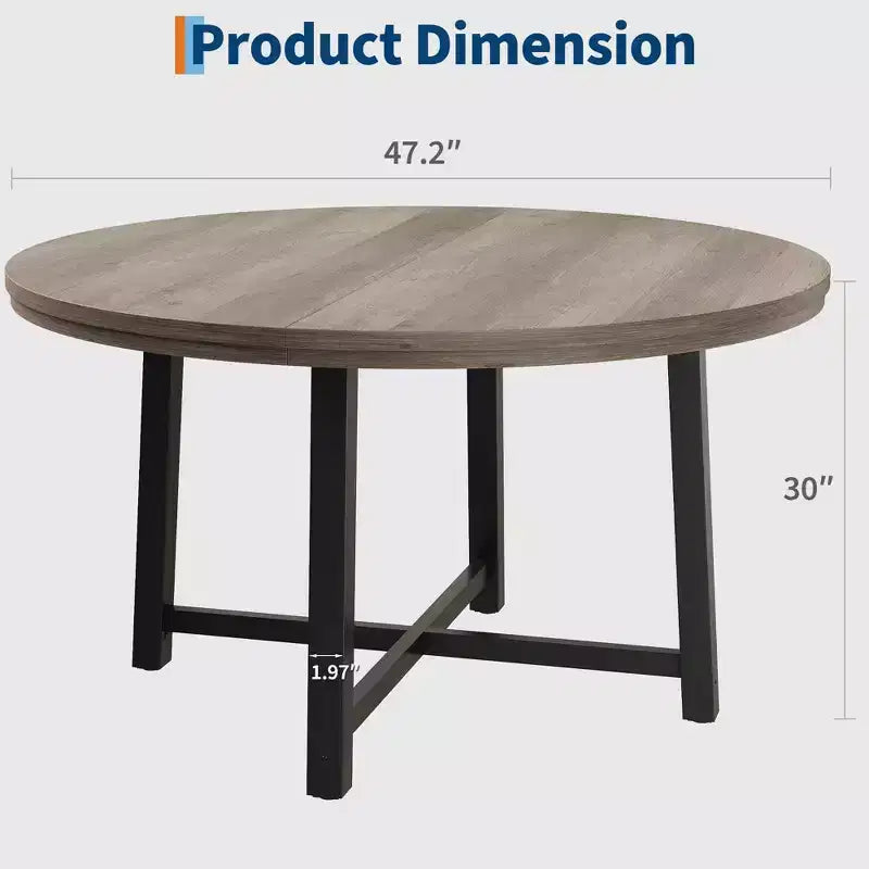 Table de salle à manger ronde de 120 cm, table de dîner industrielle pour 4 à 6 personnes, table de cuisine en bois avec cadre métallique robuste (sans chaises)