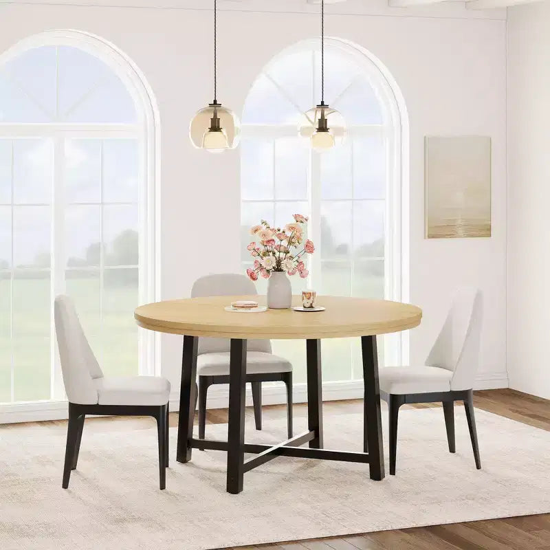 Table de salle à manger ronde de 120 cm, table de dîner industrielle pour 4 à 6 personnes, table de cuisine en bois avec cadre métallique robuste (sans chaises)