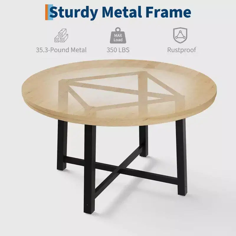 Table de salle à manger ronde de 120 cm, table de dîner industrielle pour 4 à 6 personnes, table de cuisine en bois avec cadre métallique robuste (sans chaises)