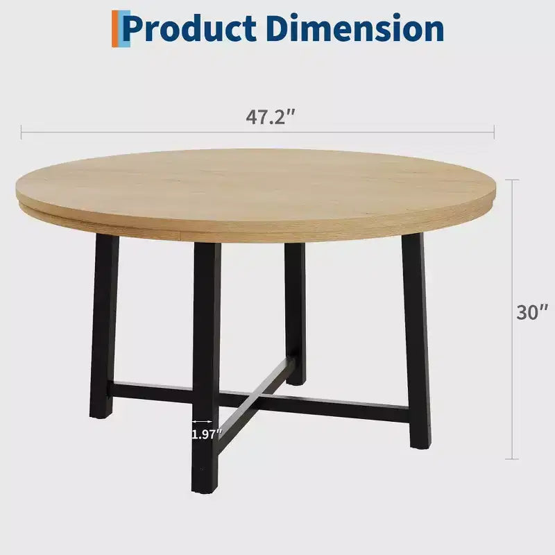 Table de salle à manger ronde de 120 cm, table de dîner industrielle pour 4 à 6 personnes, table de cuisine en bois avec cadre métallique robuste (sans chaises)