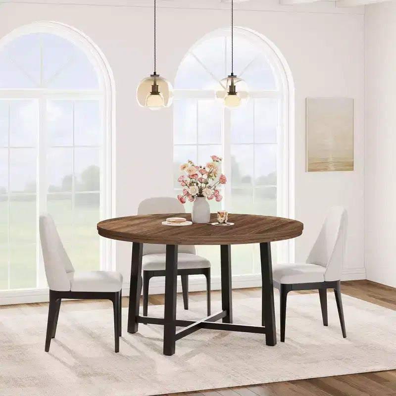 Table de salle à manger ronde de 120 cm, table de dîner industrielle pour 4 à 6 personnes, table de cuisine en bois avec cadre métallique robuste (sans chaises)