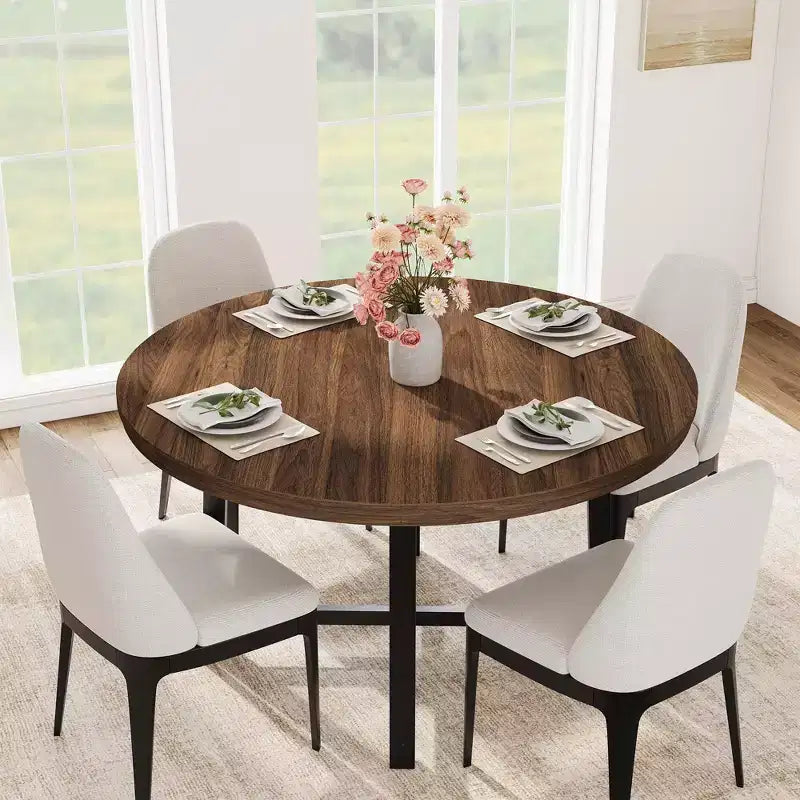 Table de salle à manger ronde de 120 cm, table de dîner industrielle pour 4 à 6 personnes, table de cuisine en bois avec cadre métallique robuste (sans chaises)
