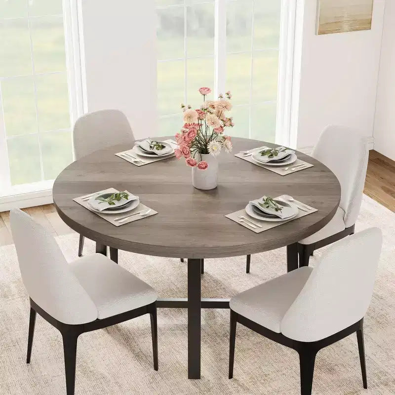 Table de salle à manger ronde de 120 cm, table de dîner industrielle pour 4 à 6 personnes, table de cuisine en bois avec cadre métallique robuste (sans chaises)