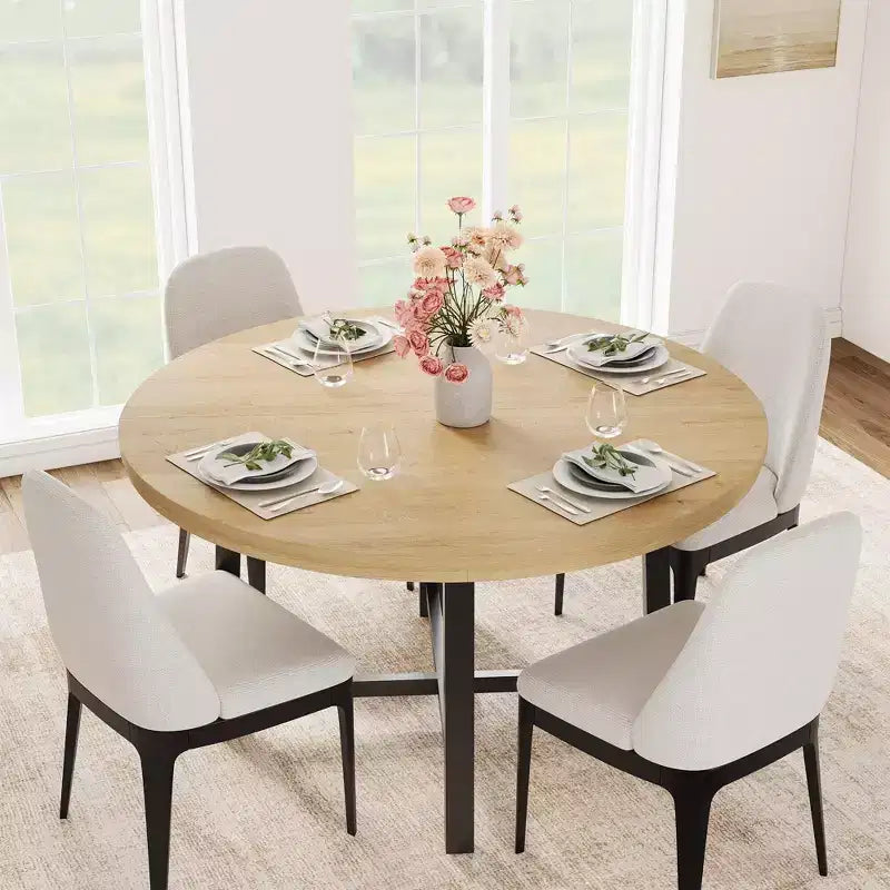 Table de salle à manger ronde de 120 cm, table de dîner industrielle pour 4 à 6 personnes, table de cuisine en bois avec cadre métallique robuste (sans chaises)