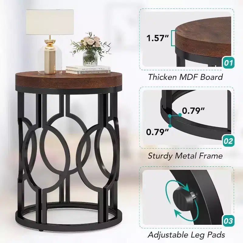 Table d'appoint industrielle étroite et ronde avec base en métal creux, table de chevet cylindrique pour salon, chambre à coucher