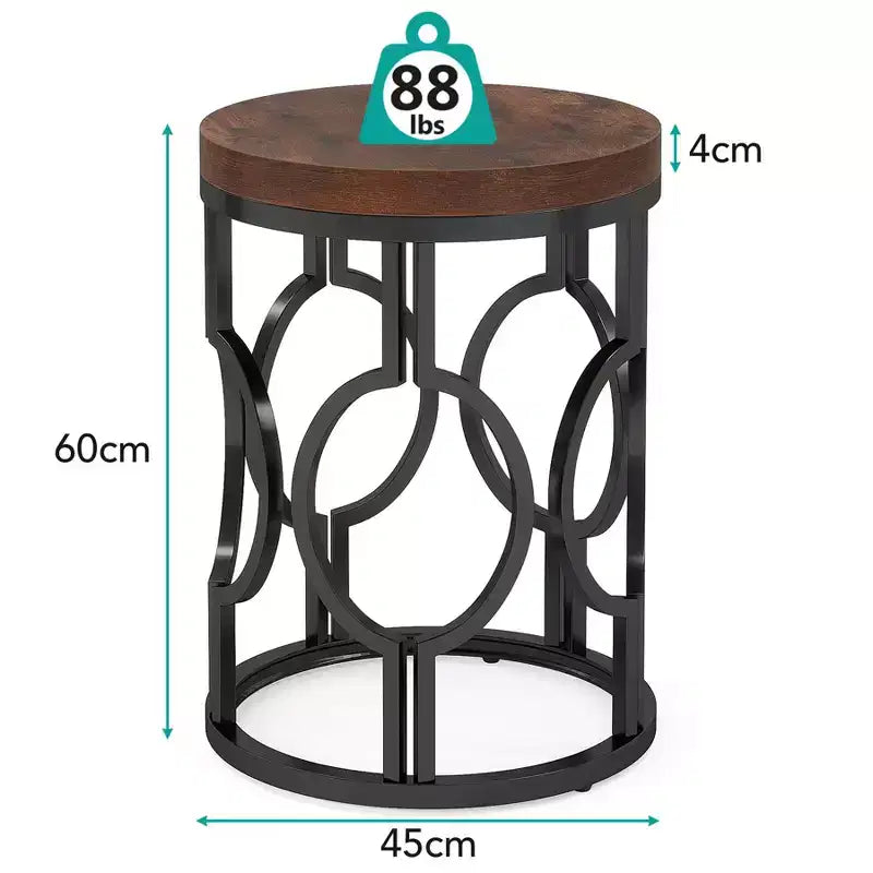 Table d'appoint industrielle étroite et ronde avec base en métal creux, table de chevet cylindrique pour salon, chambre à coucher
