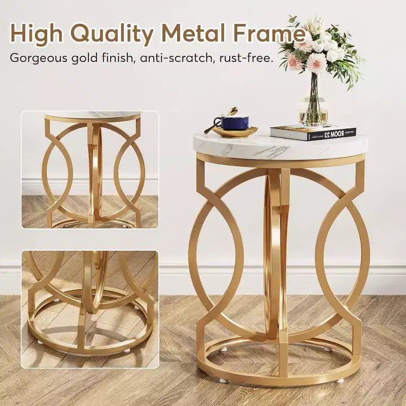 Table d'appoint industrielle étroite et ronde avec base en métal creux, table de chevet cylindrique pour salon, chambre à coucher