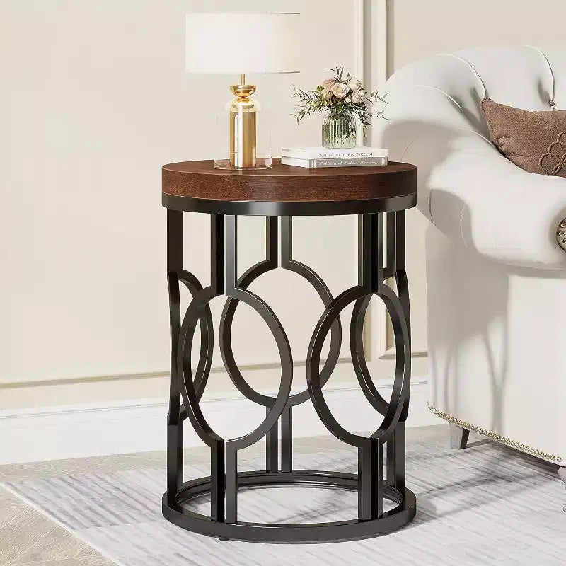 Okak Industrial Narrow Round End Table with Hollow Metal Base,Cylinder Nightstand Side Table for Living Room,Bedroom