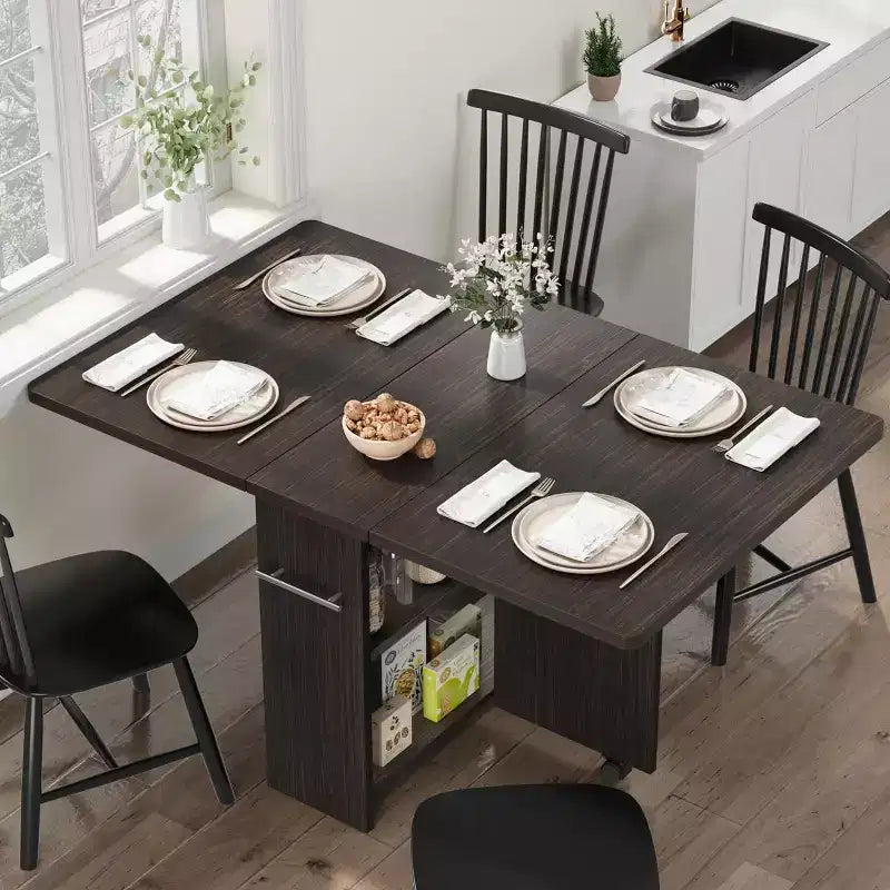 COZONY Folding Dining Table, Farmhouse Drop Leaf Expandable Kitchen Table with Storage Shelf and 6 Wheels, Space Saving Multipurpose Table