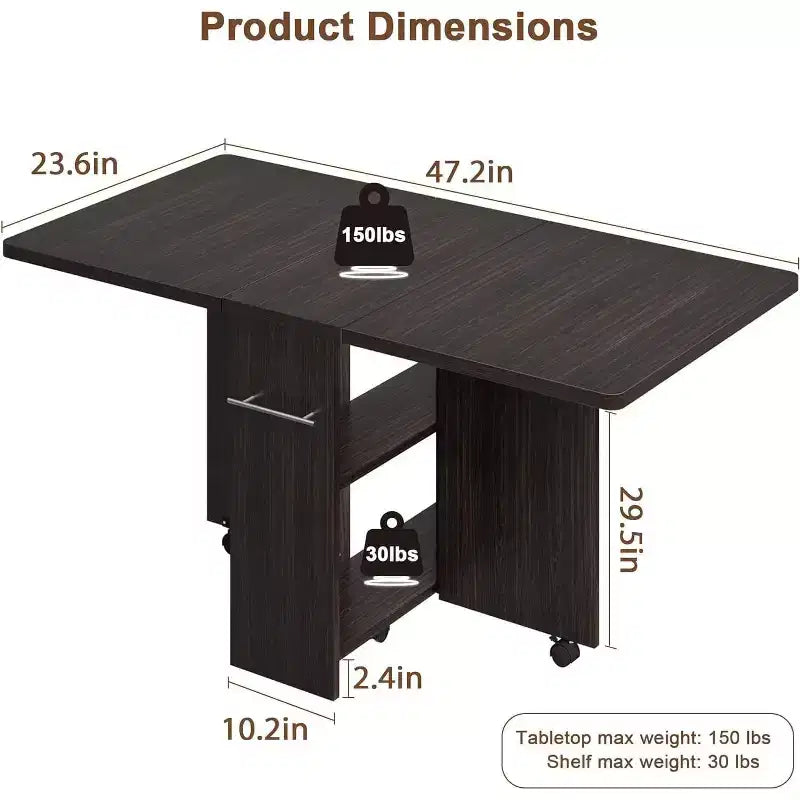 Table de salle à manger pliante, table de cuisine extensible de style ferme avec rabats et étagère de rangement et 6 roulettes, table polyvalente peu encombrante