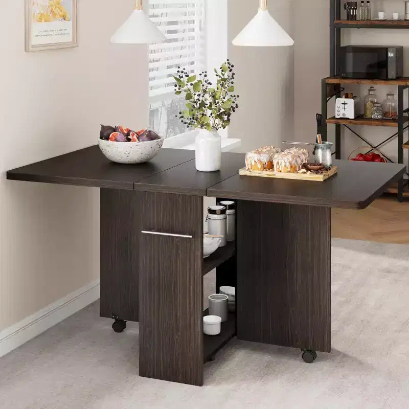 Table de salle à manger pliante, table de cuisine extensible de style ferme avec rabats et étagère de rangement et 6 roulettes, table polyvalente peu encombrante
