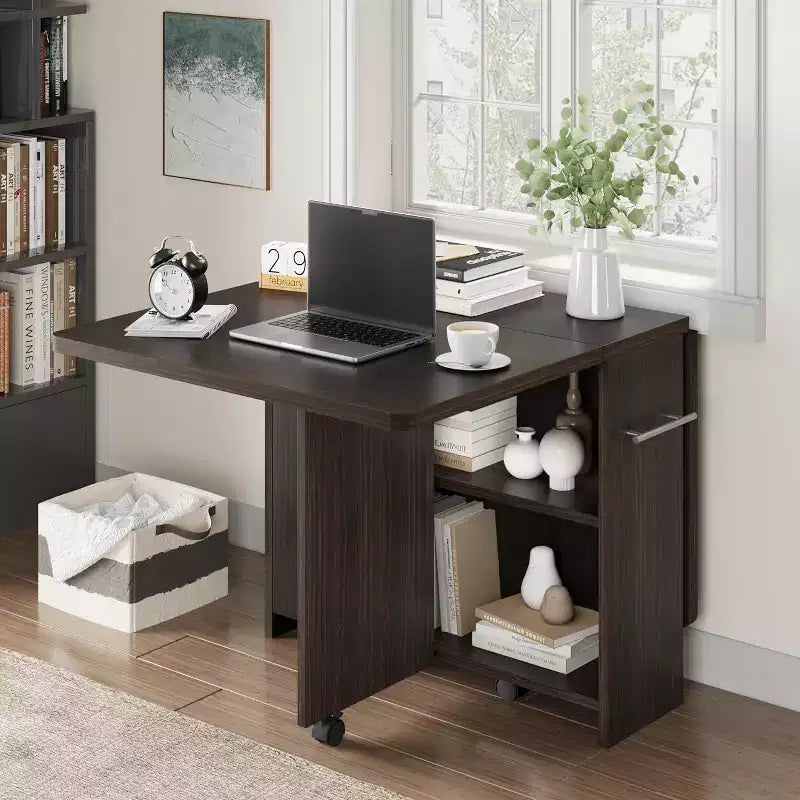 Table de salle à manger pliante, table de cuisine extensible de style ferme avec rabats et étagère de rangement et 6 roulettes, table polyvalente peu encombrante