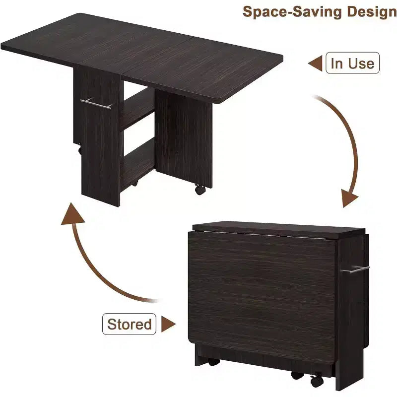 Table de salle à manger pliante, table de cuisine extensible de style ferme avec rabats et étagère de rangement et 6 roulettes, table polyvalente peu encombrante
